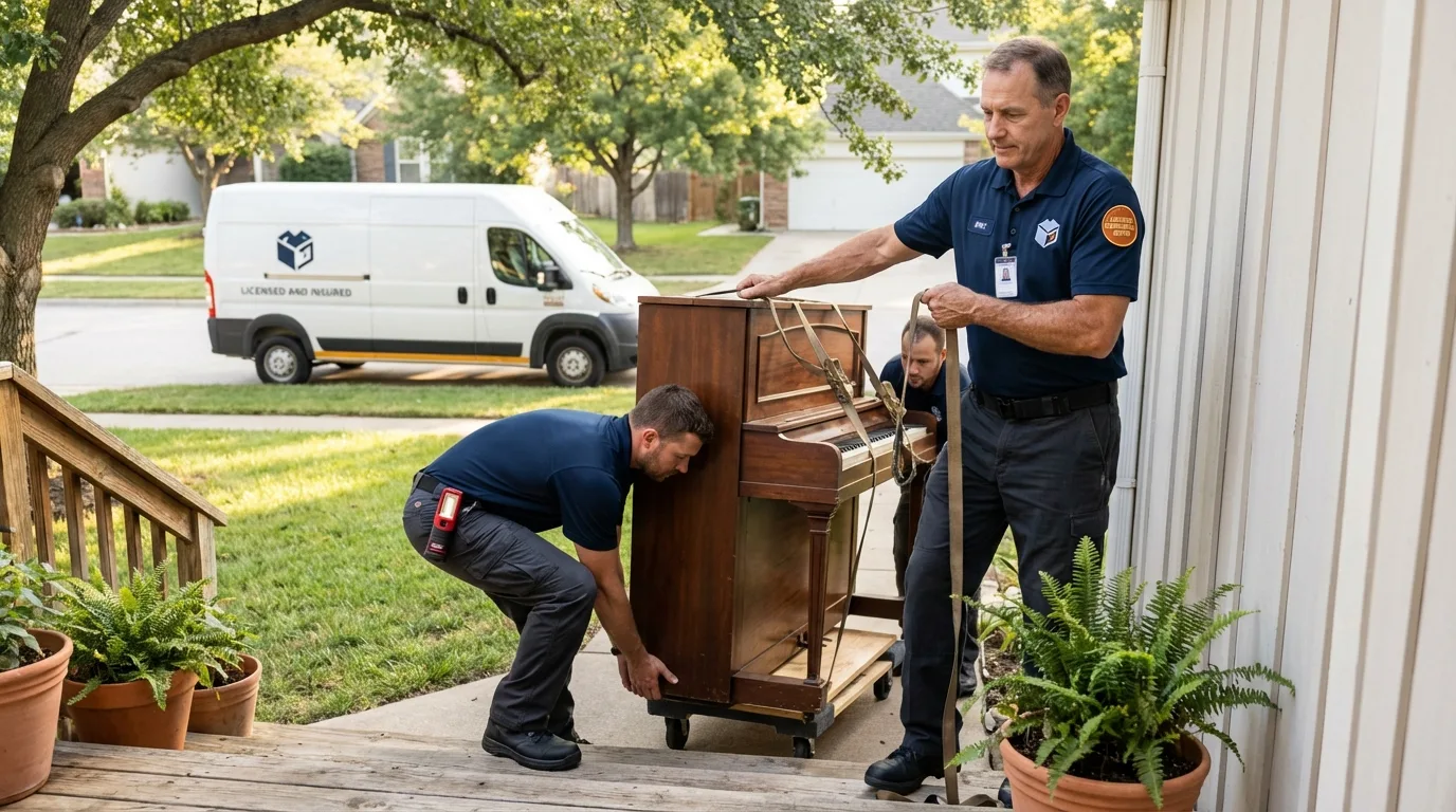 Licensed piano movers securing grand piano in Elkhart, KS