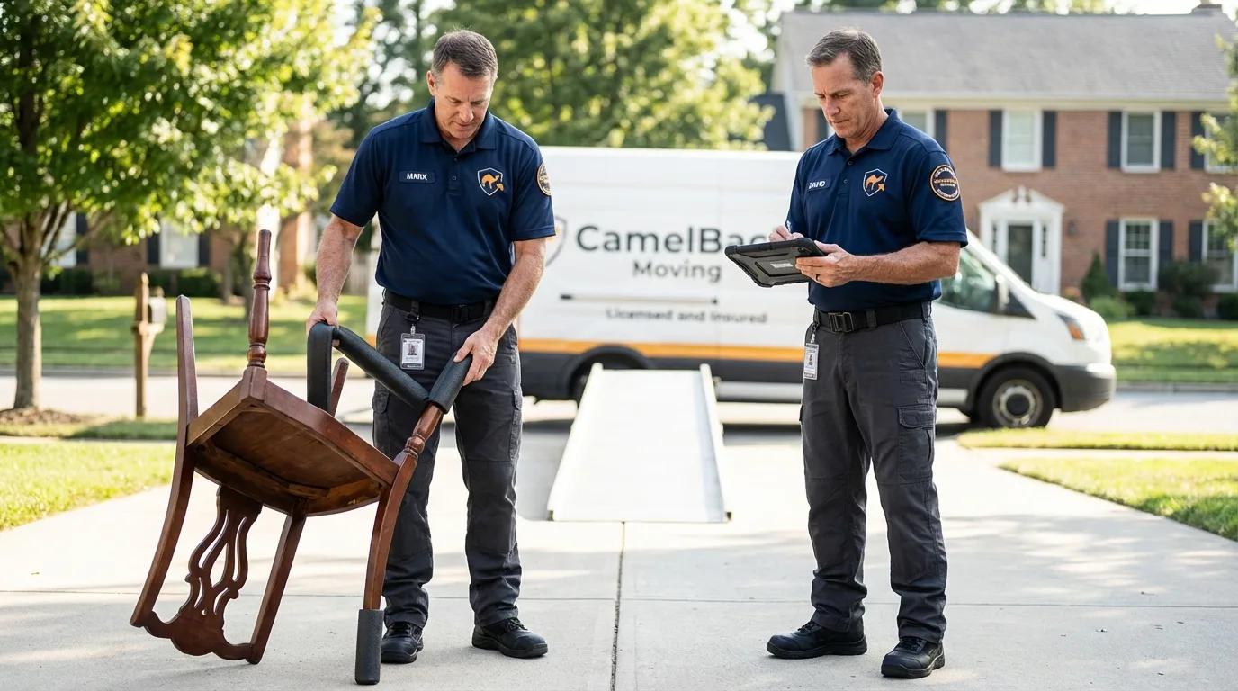 Movers inspecting furniture for damage prevention before loading in Elkhart, KS
