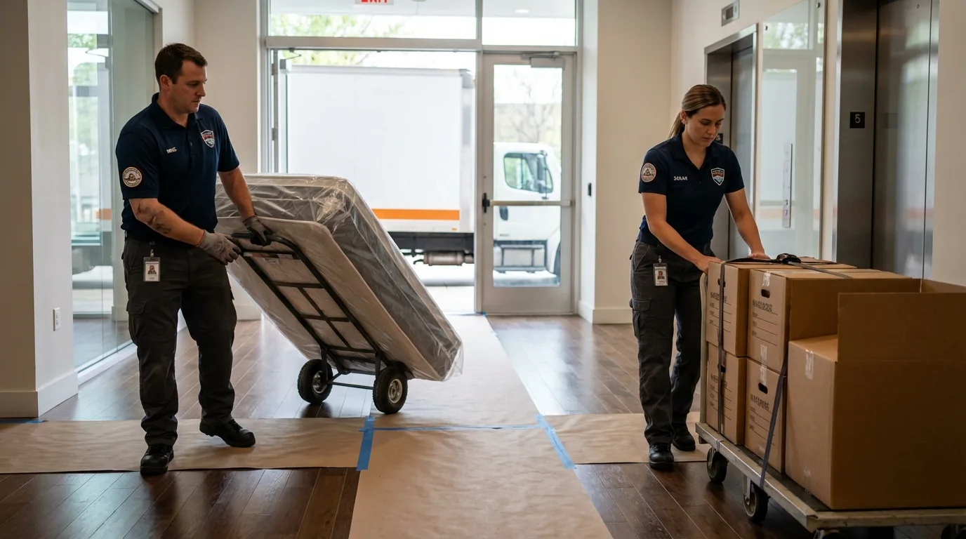 Professional apartment movers loading elevator in Elkhart, KS